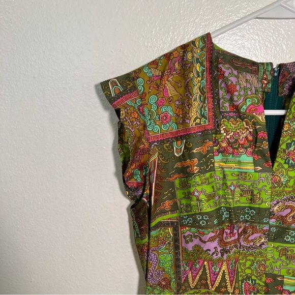 Handmade Midi Dress Green Geometric Dragon - Picture 4 of 9